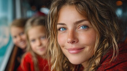 Smiling Mother and Children on a Trip