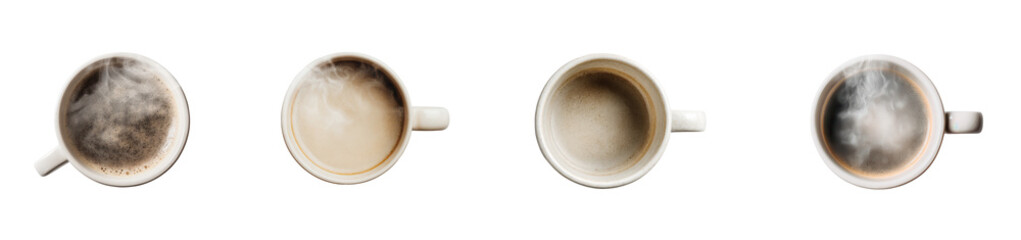 Coffee Cup Transitions: A series of coffee cups transition from a full, freshly brewed state to an empty cup, capturing the stages of morning consumption.