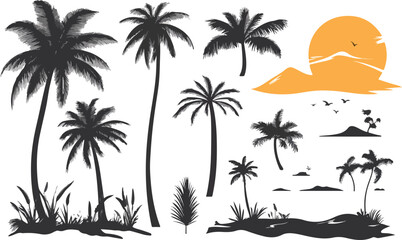 Obraz premium Tropical Island Silhouette with Palm Trees Sunset Birds and Grasses Vector