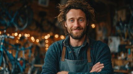 Happy Craftsman in Cozy Bicycle Workshop