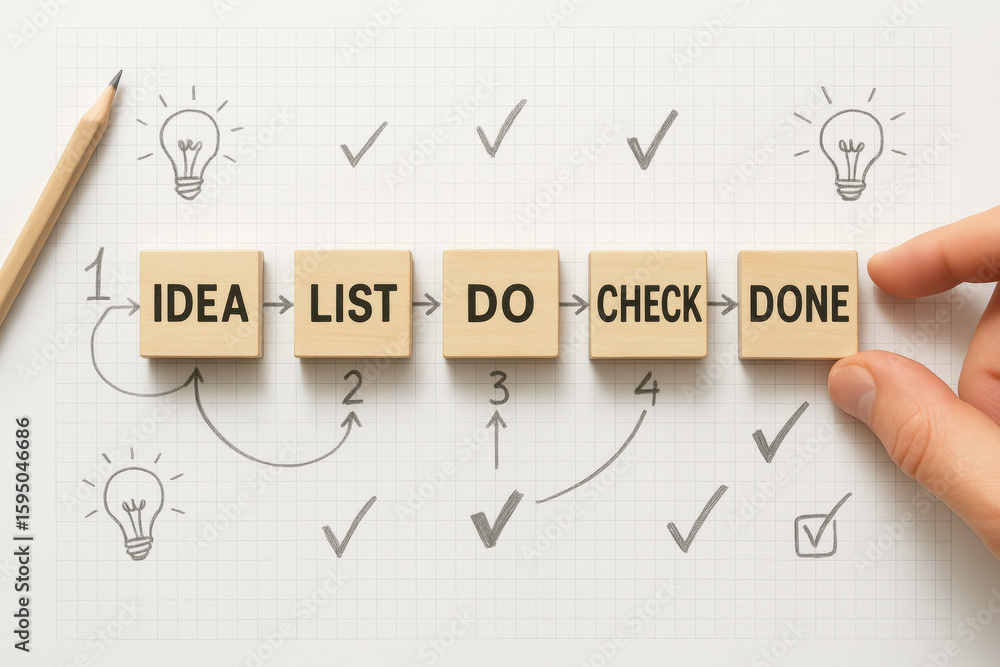 Poster idea and list outline workflow steps for task goals inspiring productivity and success through clear