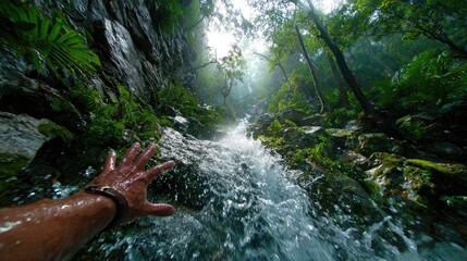 Adventure Scene with Waterfall and Reaching Hand in Forest