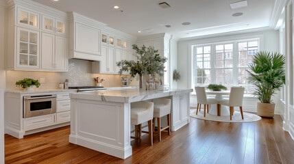 Fototapeta premium Elegant Kitchen Design with White Cabinetry, Marble Countertops, and Natural Light Creating a