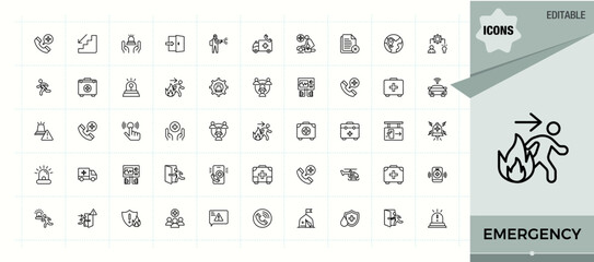 Set of Emergency line icon. Featuring attention, sos, danger, urgency, critical and more. Modern linear icons. Urgency vector line icon set. Editable vector art and illustration.