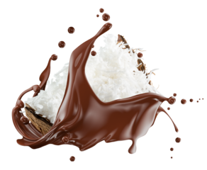 coconut with flakes in chocolate splash isolated on a white background