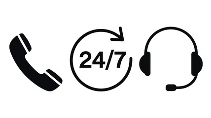 Minimalist 24/7 Support Black and White Icon Set Illustrating Customer Service Availability