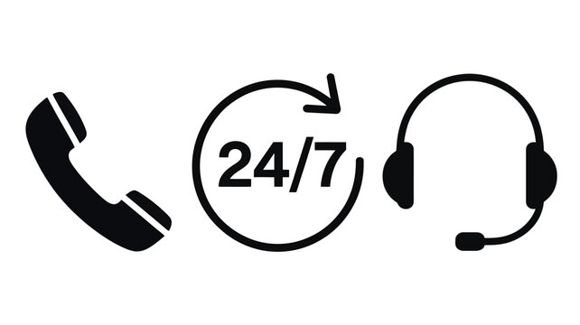 Minimalist 24/7 Support Black and White Icon Set Illustrating Customer Service Availability