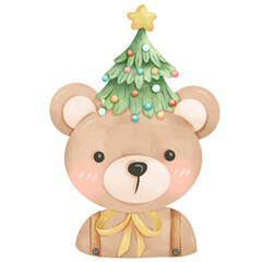 Hand-painted watercolor Christmas themed little bear cartoon
