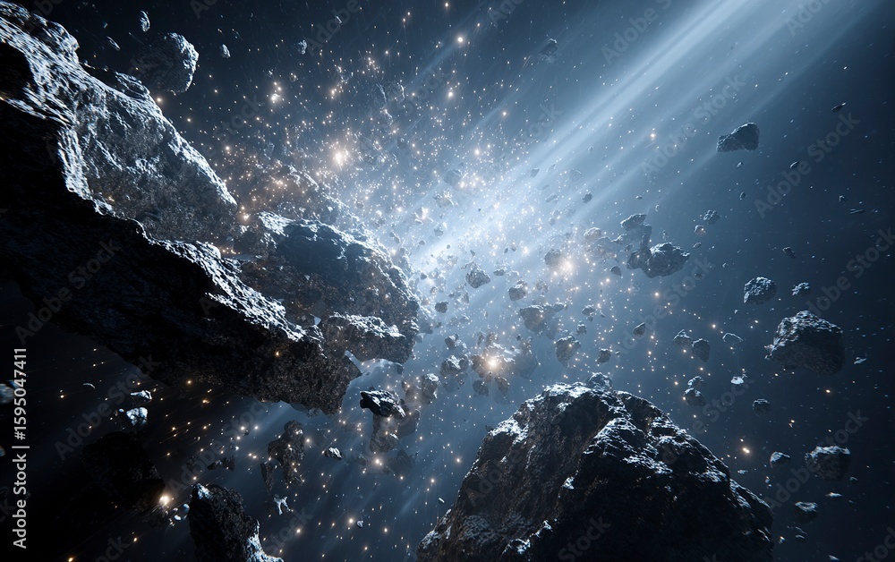 Poster a dramatic scene of an asteroid shattering into pieces, creating sparks and debris against the backd