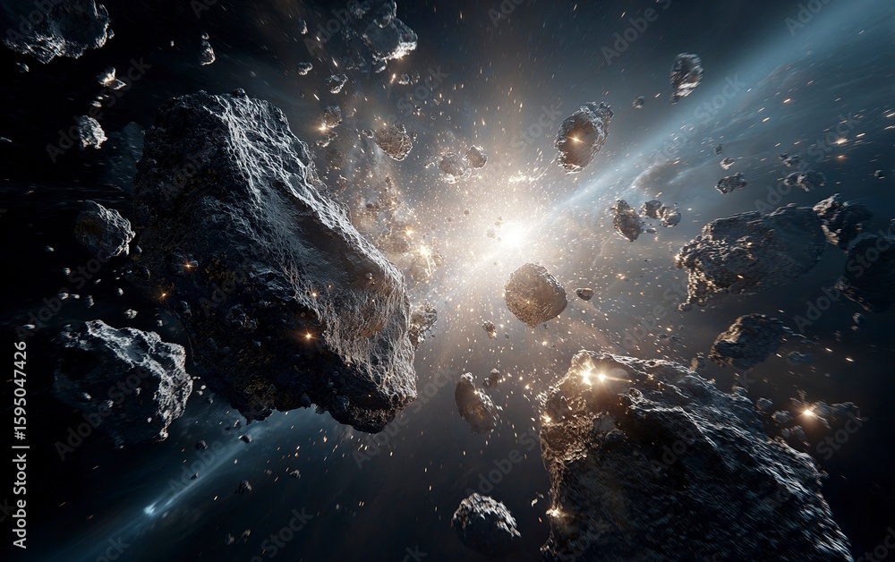 Poster a dramatic scene of an asteroid shattering into pieces, creating sparks and debris against the backd