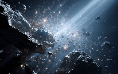 A dramatic scene of an asteroid shattering into pieces, creating sparks and debris against the backdrop of space. The focus is on capturing the dynamic motion as it shattered with precision. Photoreal