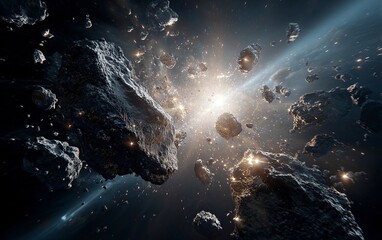 A dramatic scene of an asteroid shattering into pieces, creating sparks and debris against the backdrop of space. The focus is on capturing the dynamic motion as it shattered with precision. Photoreal