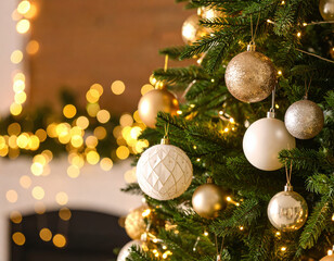 Festive christmas tree decoration cozy home interior holiday content warm environment close-up view celebratory concept