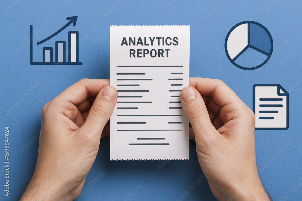 Poster analytics report with data and growth analysis shows statistic visualization and performance insight