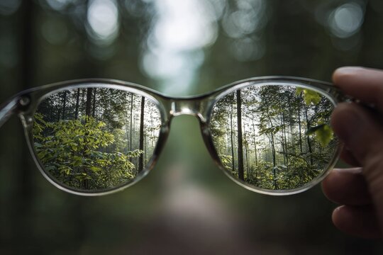 Glasses reflecting a forest scene