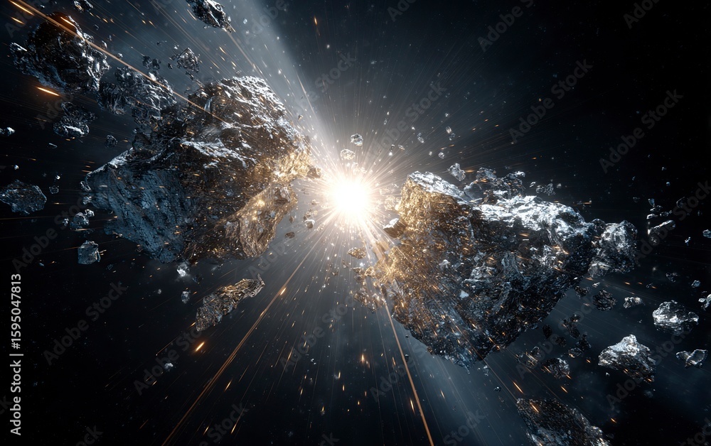 Poster a dramatic scene of an asteroid shattering into pieces, creating sparks and debris against the backd
