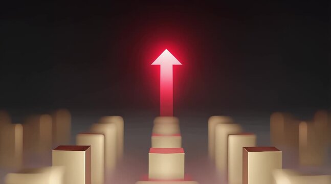 Red arrow pointing upward over beige and gold blocks in foggy row symbolizing growth and progress with block leadership concept and upward trend