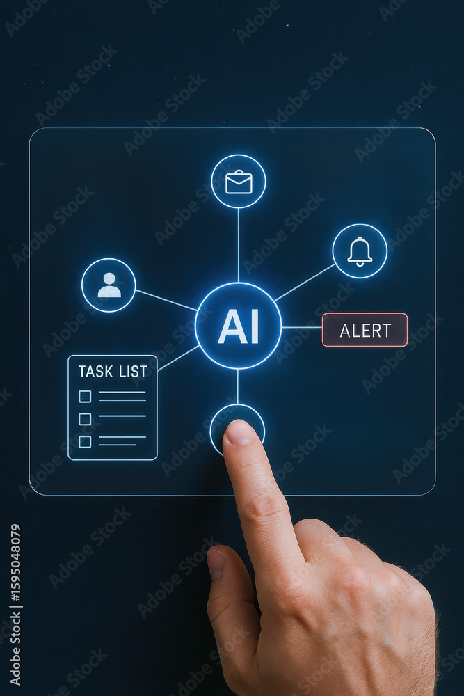Poster ai and alert priority task and assistant with activating nodes on glowing virtual touchscreen