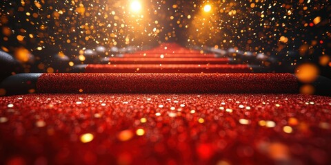 Red carpet illuminated by sparkling lights welcomes guests to a glamorous event at night