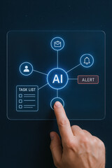 AI and alert priority task and assistant with activating nodes on glowing virtual touchscreen