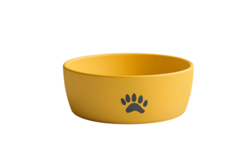 Yellow pet bowl with paw print on white background