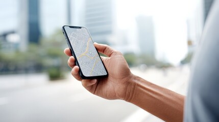 Close up of hand holding smartphone displaying navigation app with city map in background, showcasing work and travel lifestyle of digital nomad