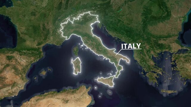 Zoom from Earth to Italy. Glow outline map animation satellite view with highlighted country borders. Cinematic documentary 3d world map animation highlights aerial views, and travel. 4k