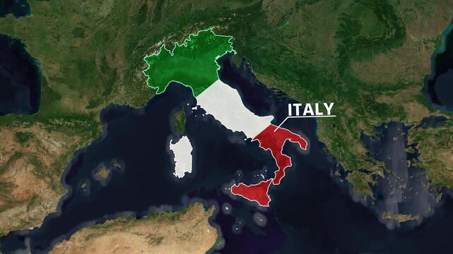 Zoom from Earth to Italy. (Country Flag) World map animation with highlighted country borders. Satellite 3d world map animation highlights aerial views, tourism, and travel. 4k