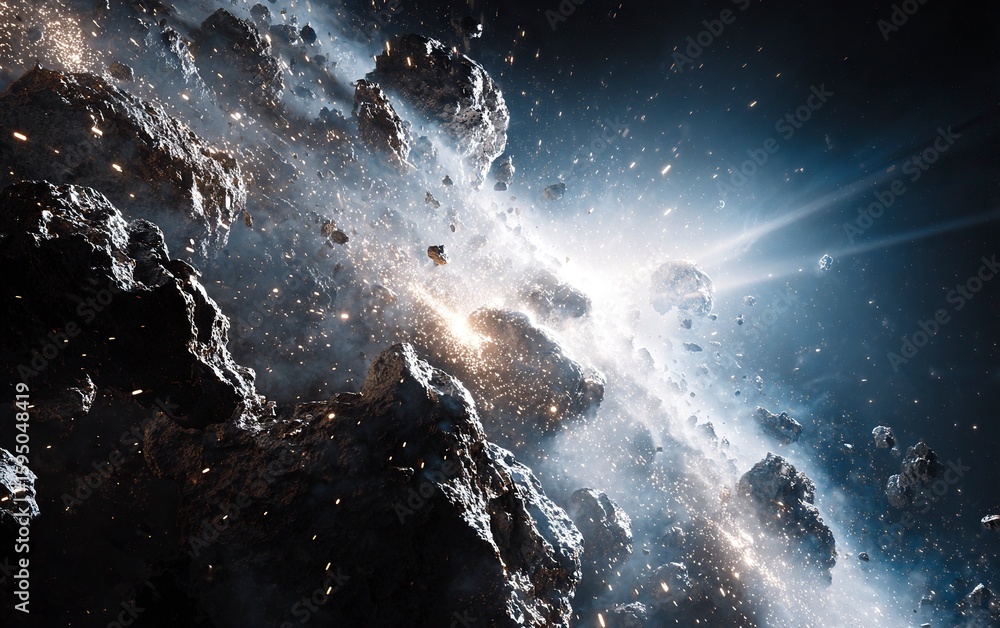 Poster a dramatic scene of an asteroid shattering into pieces, creating sparks and debris against the backd