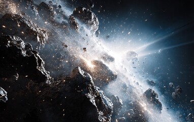 A dramatic scene of an asteroid shattering into pieces, creating sparks and debris against the backdrop of space. The focus is on capturing the dynamic motion as it shattered with precision. Photoreal
