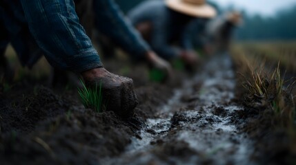 Farmers planting rice together in a muddy field