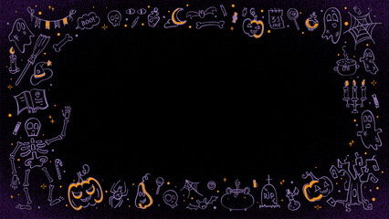 Dark Halloween border with doodle illustrations. Creative frame with hand drawn icons of pumpkin, ghost, skeleton, spider and other thematic elements. Vector graphic, template for banner, poster. 