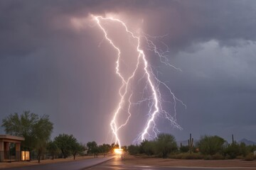 Intense lightning strikes desert landscape arizona nature photography dramatic sky wide angle view natural phenomenon
