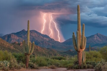Lightning strikes stunning cactus landscape sonoran desert nature photography dramatic weather wide angle wild beauty