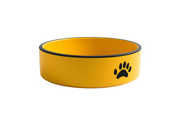 Yellow pet bowl with black paw print on white background