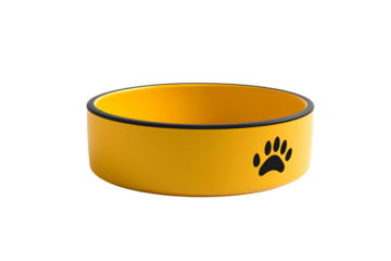 Yellow pet bowl with black paw print on white background