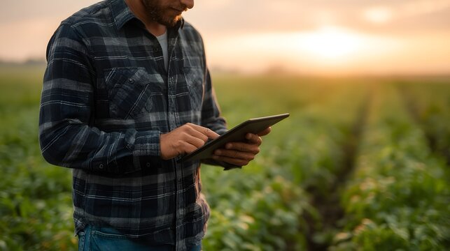 Farmer checking agricultural data on tablet in rural field