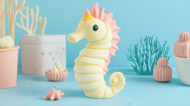 Decorative seahorse figurine against a pastel backdrop.