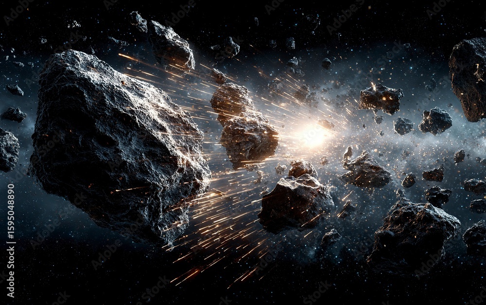 Poster a dramatic scene of an asteroid shattering into pieces, creating sparks and debris against the backd
