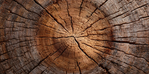 Fototapeta premium Detailed close-up view of a weathered tree stump, showcasing intricate wood grain and textured patterns. The heartwood has a warm, earthy tone, and the rings are visible