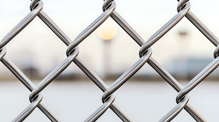 Metallic chain-link fence close up, diamond pattern. Soft background. Metallic fence offers security and protection. Abstract, industrial imagery.