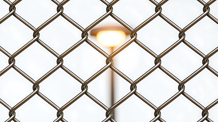Fototapeta premium Diamond wire fence with a blurred light visible through the mesh. Steel fence structure used for protection. Focus on the security barrier.