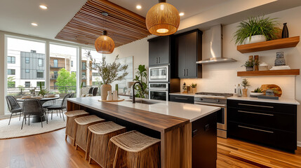 Fototapeta premium Modern kitchen design with island seating area showcasing natural light and wood accents