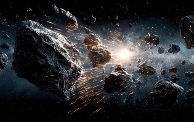 A dramatic scene of an asteroid shattering into pieces, creating sparks and debris against the backdrop of space. The focus is on capturing the dynamic motion as it shattered with precision. Photoreal