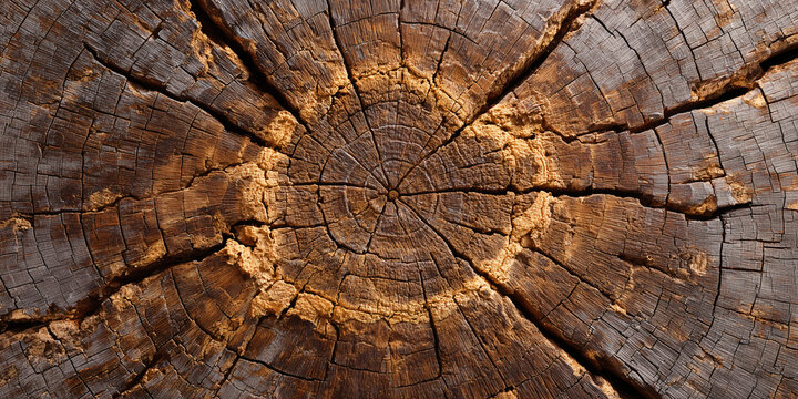 Detailed view of a cross-section of a tree stump, showcasing the growth rings and texture