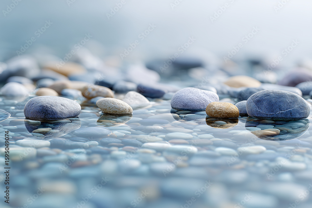Aufkleber a collection of smooth, multicolored stones submerged in shallow water, creating a serene and tranqu