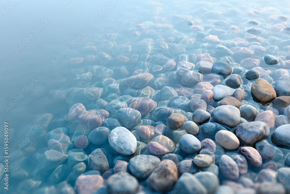 Poster a serene underwater scene with colorful rocks submerged in water, creating a tranquil and visually c