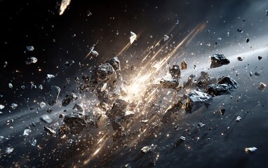 A dramatic scene of an asteroid shattering into pieces, creating sparks and debris against the backdrop of space. The focus is on capturing the dynamic motion as it shattered with precision. Photoreal