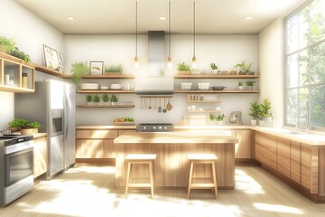 Luminous kitchen interior with Scandinavian influences, blending light woods, soft textiles, and muted wall colors