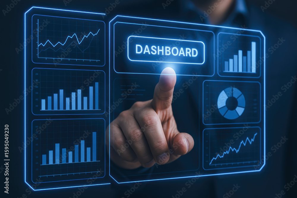 Poster dashboard analytics overview interface data business intelligence press inspire progress